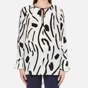 Diane Von Furstenberg DVF 100% Silk Printed Slit Sleeve Blouse Black White Sz 6